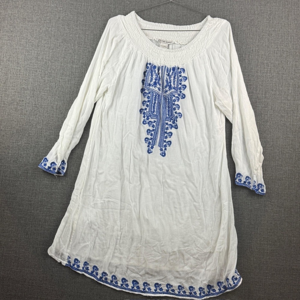 Cute Options Dress Womens Large White Blue Embroidered Boho‎ Tunic Top Rayon